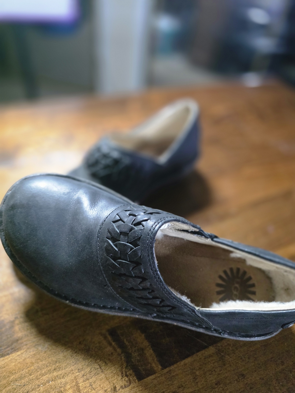 UGG Black Leather Slip-On Loafers with Woven Detail